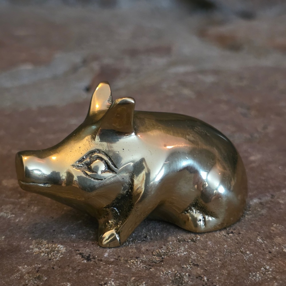 Vintage Solid Brass Pig Figurine Miniature Animal Paperweight Gold Tone 2.25in